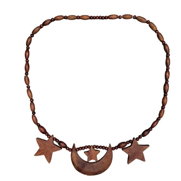 Handcrafted Wooden Star & Crescent Moon Necklace - Picture 2 of 4